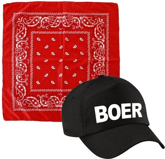 Boer verkleed pet zwart met rode hals zakdoek volwassenen - verkleed accessoires