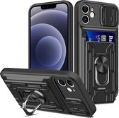 Coque iPhone 12 avec béquille Zwart - Protecteur d'écran pour lens d'appareil photo iPhone 12 Pro - Coque iPhone 12/12 Pro avec étui porte-cartes