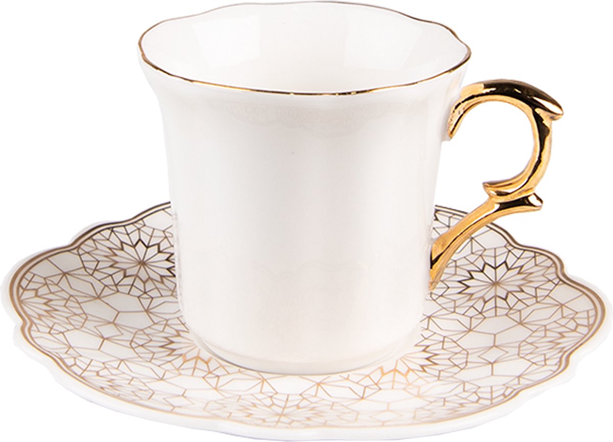 Clayre & Eef Kop en Schotel 95 ml Wit Goudkleurig Porselein