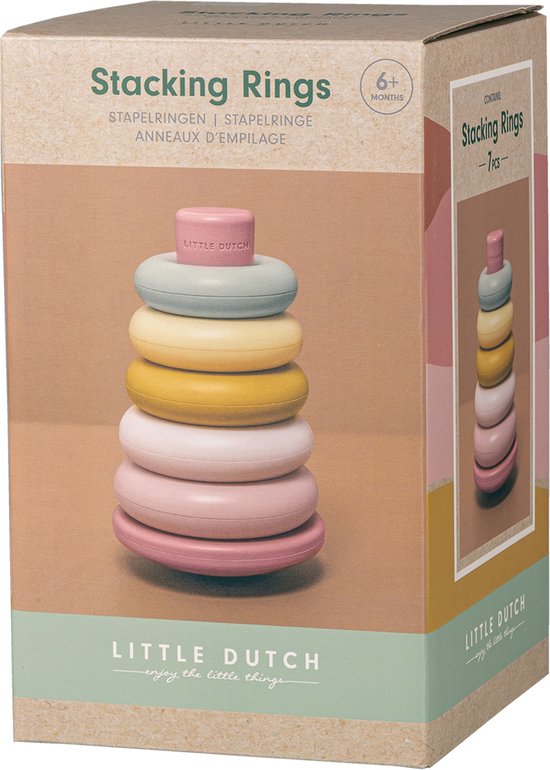 Doos met stapelringen en losse ringen, roze met pastelkleuren. De doos toont een afbeelding van de stapelringenset.