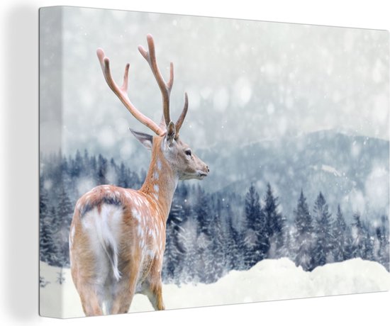 Canvas Schilderij Winter - Hert - Dieren - 30x20 cm - Wanddecoratie