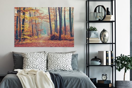 Toile Peinture Forêt - Automne - Feuilles - 120x80 cm - Décoration murale