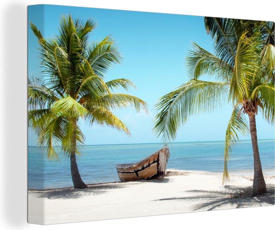 Canvas - Palmboom - Zon - Strand - Muurdecoratie - Interieur - Schilderij woonkamer - Canvas doek