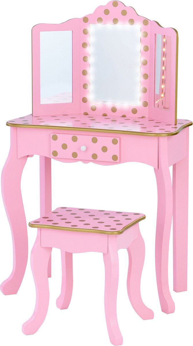 Teamson Kids Houten Kaptafel Kinderen - Tafel en Stoel Set - Met LED Spiegel Licht - Polka Dot - Roze/Goud