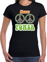 Toppers Jaren 60 Flower Power verkleed shirt zwart met peace tekens dames - Sixties/jaren 60 kleding XXL