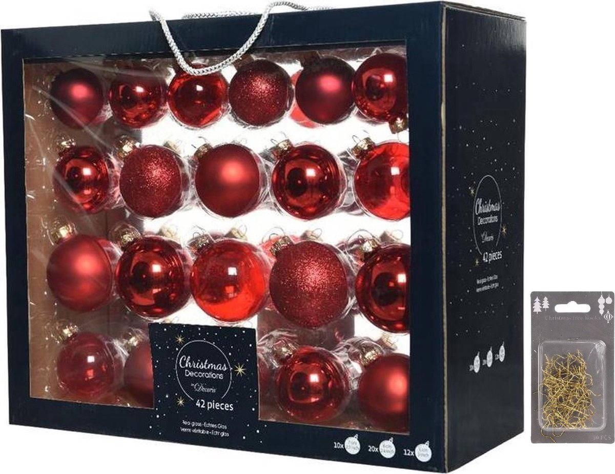 Kerstversiering glazen kerstballen pakket 5-6-7 cm rood mix 42x stuks met goudkleurige haakjes