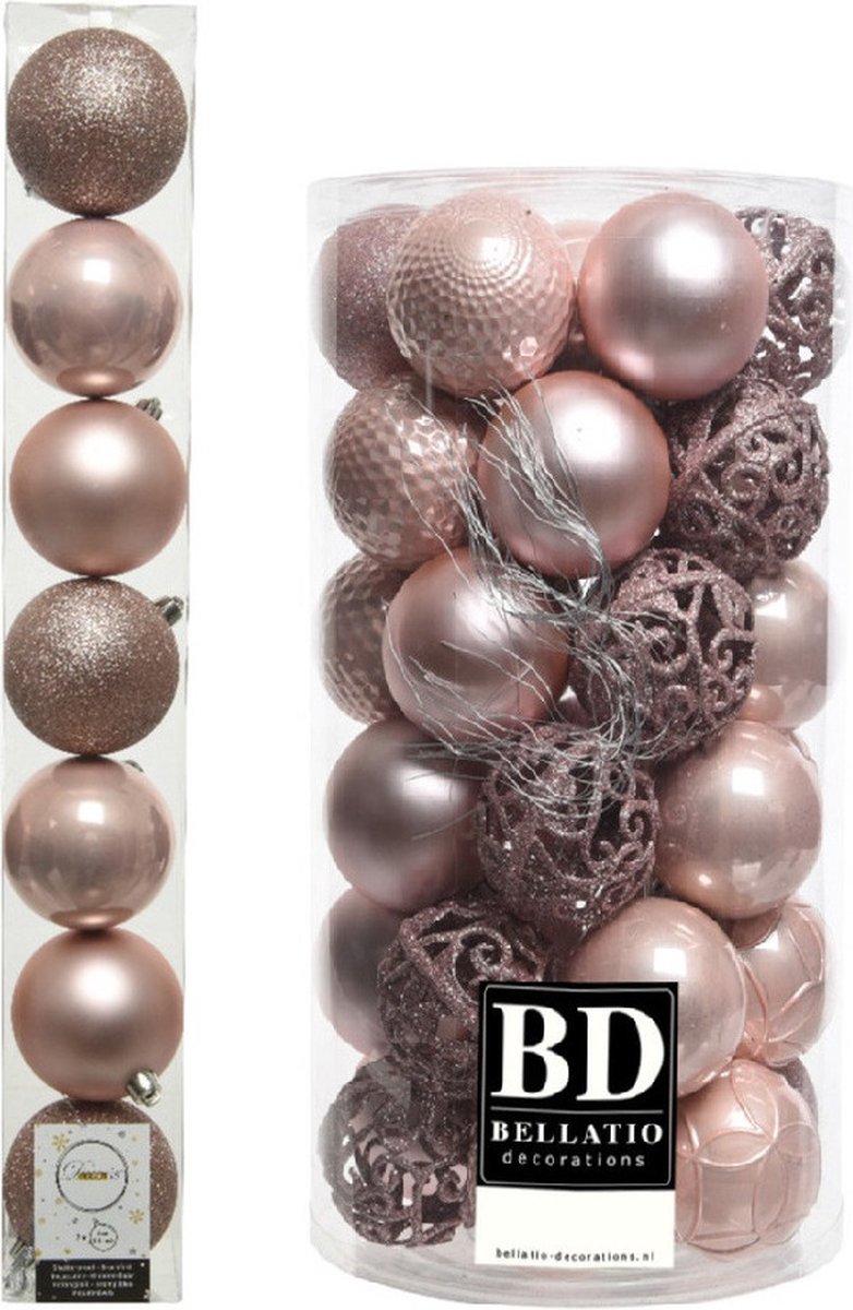 Kerstversiering kunststof kerstballen lichtroze 6-8 cm pakket van 51x stuks - Kerstboomversiering
