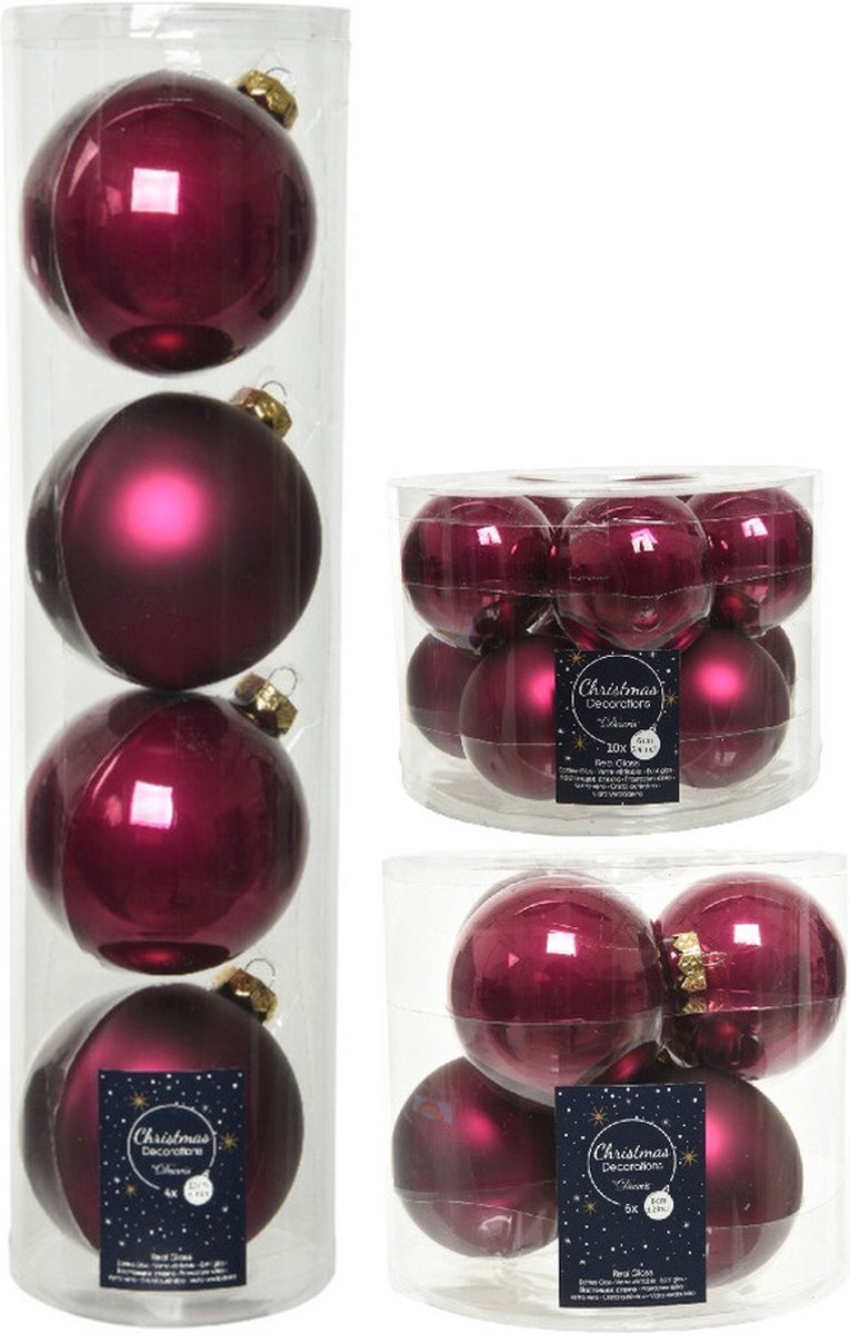 Compleet glazen kerstballen pakket framboos roze glans/mat 26x stuks - 10x 6 cm - 12x 8 cm - 4x 10 cm