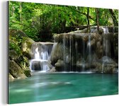 Wanddecoratie Metaal - Aluminium Schilderij Industrieel - Meerdere kleine watervallen in het Thaise nationaal park Erawan - 90x60 cm - Dibond - Foto op aluminium - Industriële muurdecoratie - Voor de woonkamer/slaapkamer