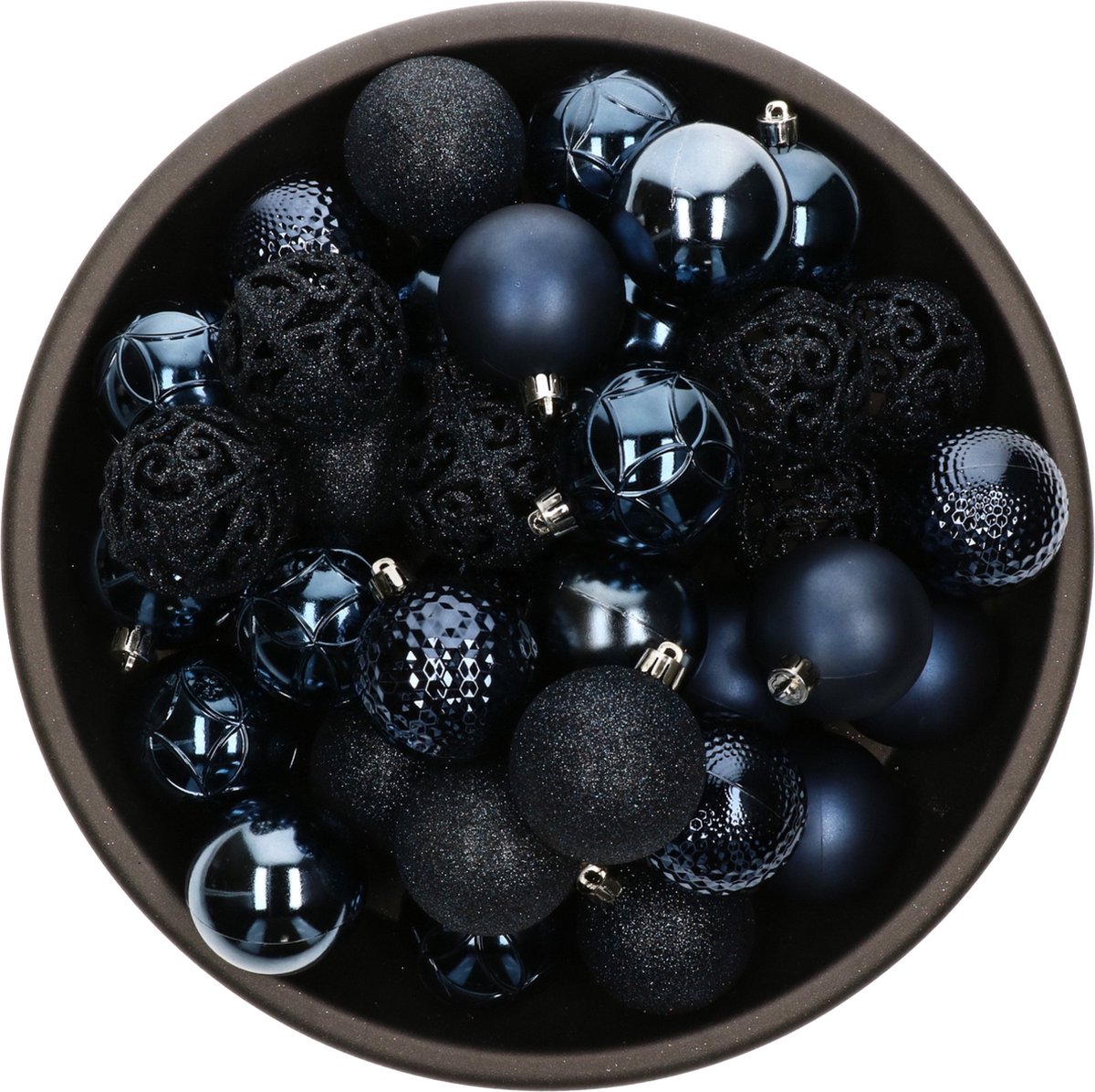 37x stuks kunststof/plastic kerstballen donkerblauw 6 cm mix - Onbreekbaar - Kerstboomversiering/kerstversiering