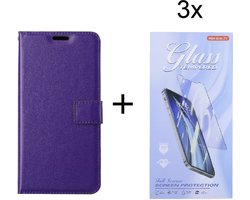 Bookcase Geschikt voor: Motorola Moto G10 / G20 / G30 Paars - portemonnee hoesje met 3 stuk Glas Screen protector - ZT Accessoires
