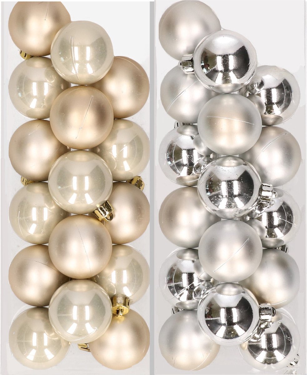 32x stuks kunststof kerstballen mix van champagne en zilver 4 cm - Kerstversiering