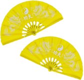 2x stuks handwaaiers/Tai Chi waaiers Yin Yang geel - polyester - Verkoeling in de zomer