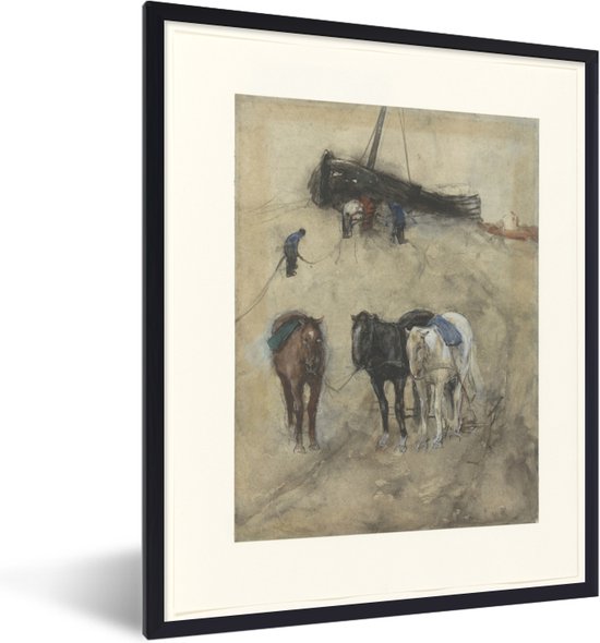 Affiche avec cadre George Hendrik Breitner - Paarden sur la plage avec une péniche et des pêcheurs - Peinture de George Hendrik Breitner - cadre photo noir - 30x40 cm - Affiche avec cadre