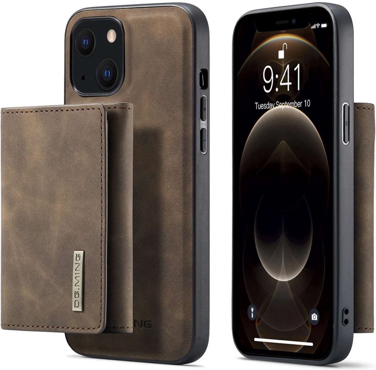 DG Ming Hoesje Geschikt voor Apple iPhone 14 - Back Cover met Magnetische Kaarthouder - Telefoonhoesje met Pasjeshouder op Achterkant Coffee