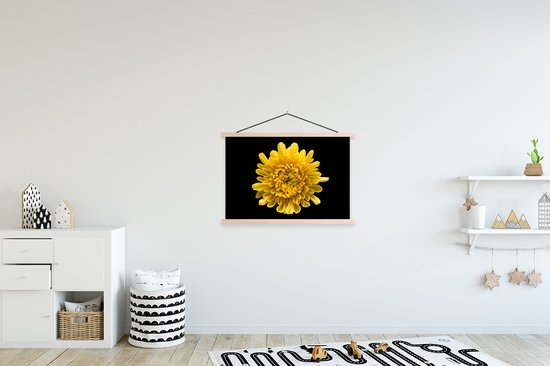 Posterhanger incl. Poster 90x60 cm - Schoolplaat - Een gele Chrysanthemum op een zwarte achtergrond - Textielposter - Blanke latten