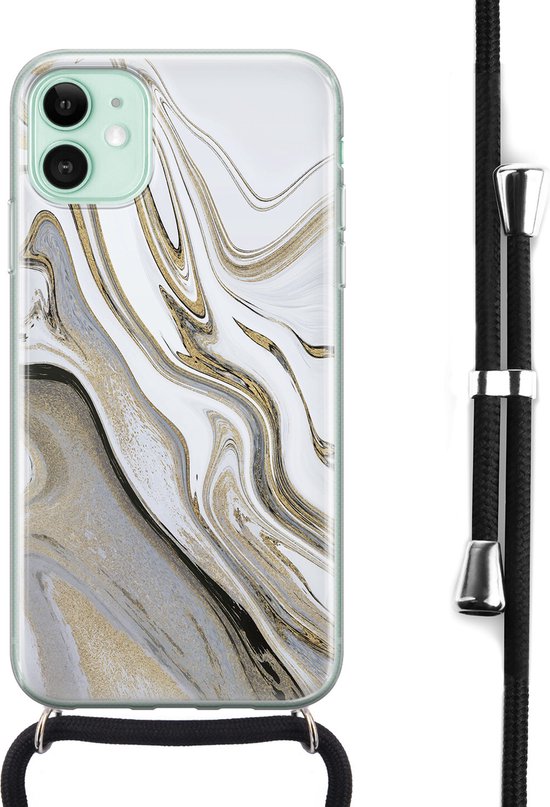 iPhone 11 hoesje met koord - Marmer wit goud - Siliconen Case - Shock proof  - Zwart... | bol.com
