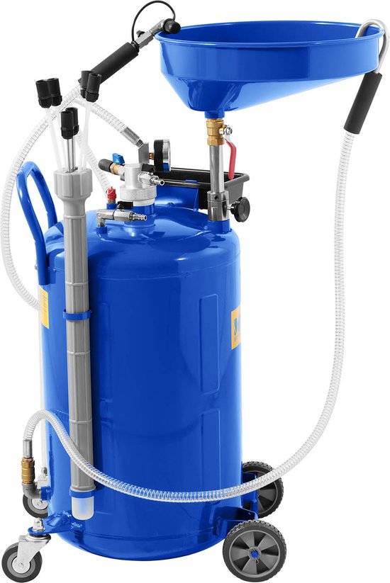 Blauw olievat op wielen met een trechter aan de bovenkant, diverse slangen en een manometer.