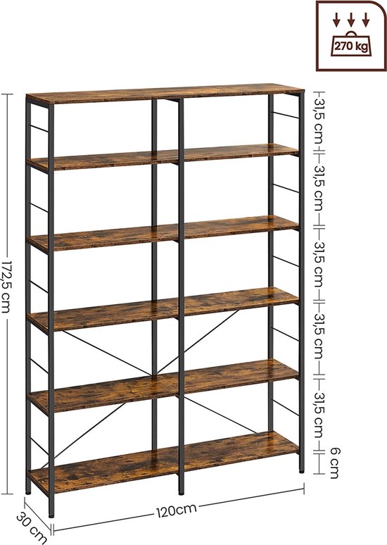 Boekenkast, Staand Rek Met 6 Niveaus, 30 X 120 X 172,5 Cm, İndustrieel Design, Voor Woonkamer, Werkkamer, Balkon, Keuken, Vintage Bruin-Zwart