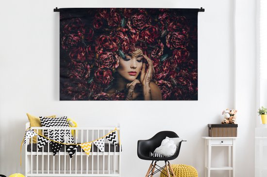 Wandkleed - Wanddoek - Vrouw - Bloemen - Henna - Portret - 180x120 cm - Wandtapijt