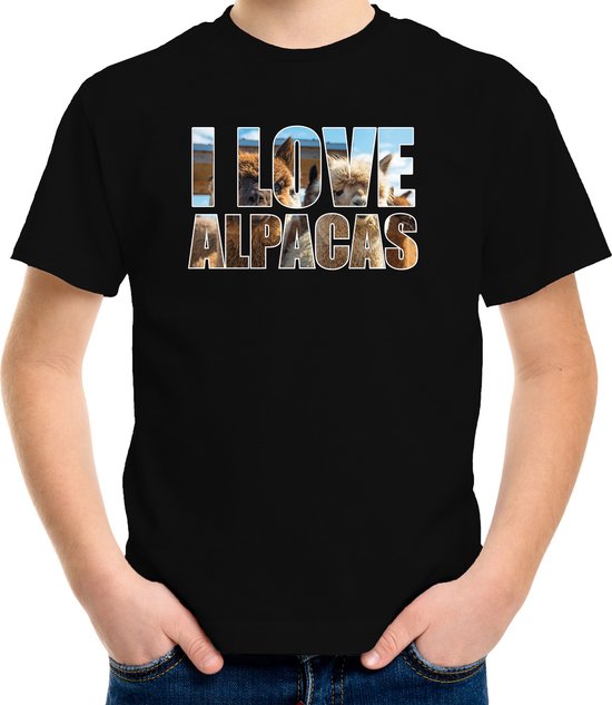 Tekst shirt I love alpacas met dieren foto van een alpaca zwart voor kinderen - cadeau t-shirt alpacas liefhebber - kinderkleding / kleding 110/116