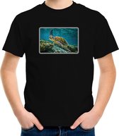 Dieren shirt met schildpadden foto - zwart - voor kinderen - natuur / zeeschildpad cadeau t-shirt 122/128