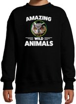 Sweater uil - zwart - kinderen - amazing wild animals - cadeau trui uil / uilen liefhebber 98/104