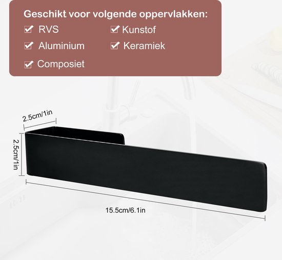 Matzwarte vaatdoekhouder van 15.5cm lang, 2.5cm hoog en 2.5cm diep. Geschikt voor RVS, aluminium, composiet, kunststof en keramiek.