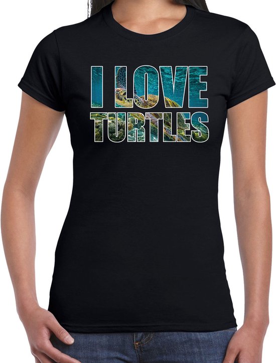 Tekst shirt I love turtles met dieren foto van een schildpad zwart voor dames - cadeau t-shirt zeeschildpadden liefhebber XXL