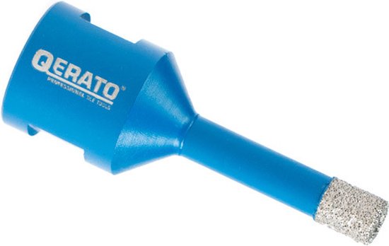 Blauwe Qerato diamantboor met een diamant-gecoate rand en een M14 aansluiting, liggend op een witte achtergrond.
