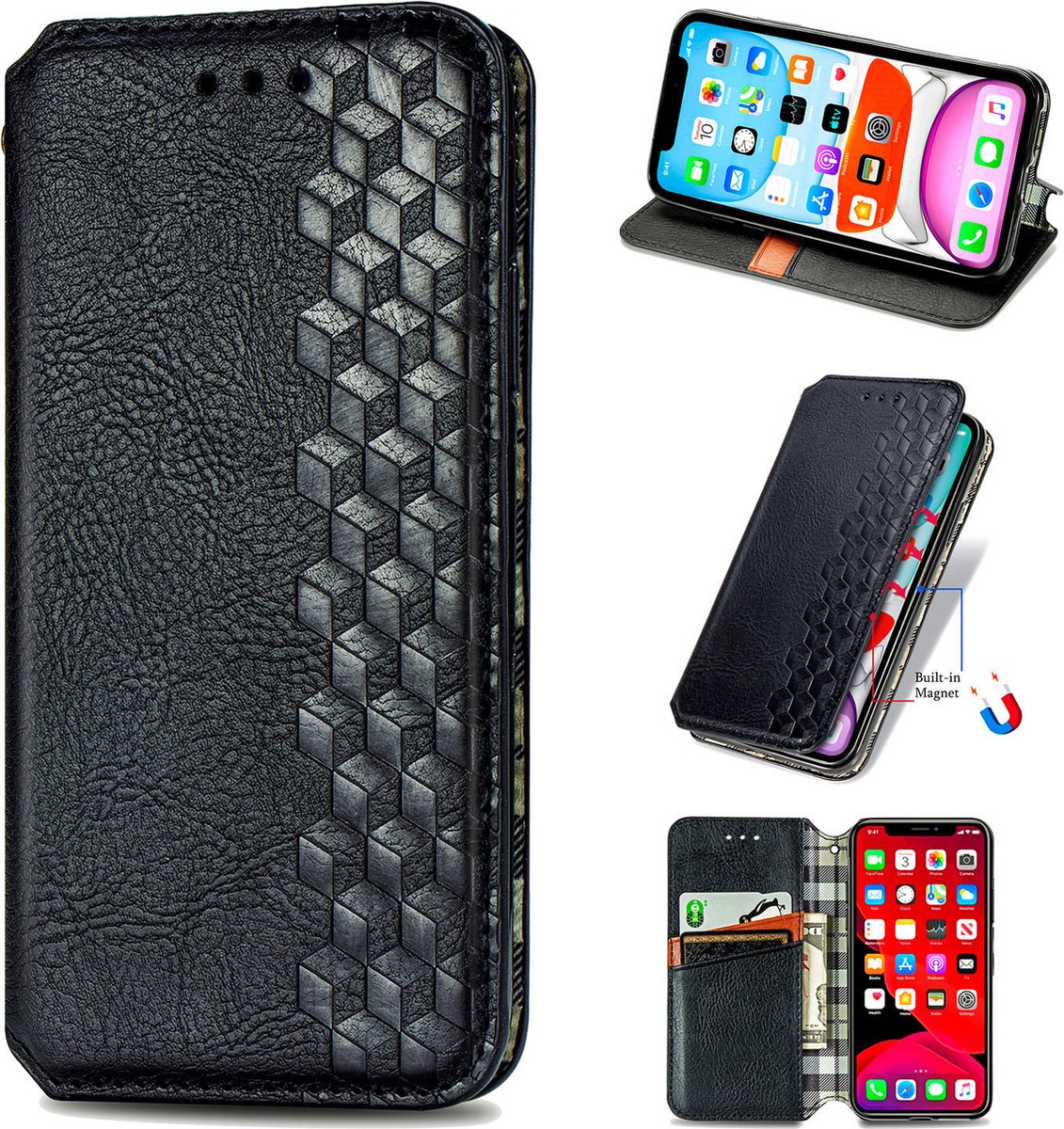 Luxe PU Lederen Ruitpatroon Wallet Case + PET Screenprotector voor iPhone 11 _ Zwart