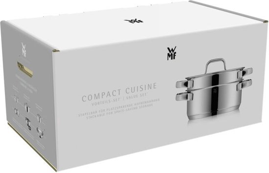 Verpakking van WMF Compact Cuisine pannenset, met afbeelding van stapelbare RVS pannen.