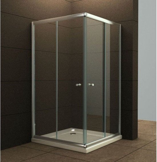 Cabine de douche carrée avec portes vitrées, profilés argentés et receveur de douche blanc, dans une salle de bain avec carrelage mural et de sol foncé.