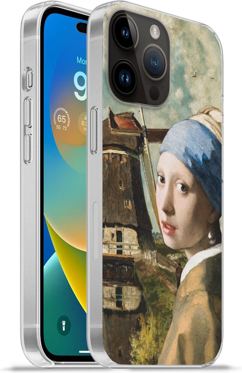 Telefoonhoesje Geschikt voor Apple Iphone 14 Pro hoesje - Meisje met de parel - Molen - Kunst - Siliconen Telefoonhoesje Telefoonhoesje