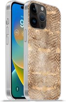 Geschikt voorApple Iphone 14 Pro - Softcase hoesje - Slangenprint - Goud - Bruin - Siliconen Telefoonhoesje
