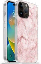 Geschikt voorApple Iphone 14 Pro - Softcase hoesje - Marmer print - Roze - Luxe - Siliconen Telefoonhoesje