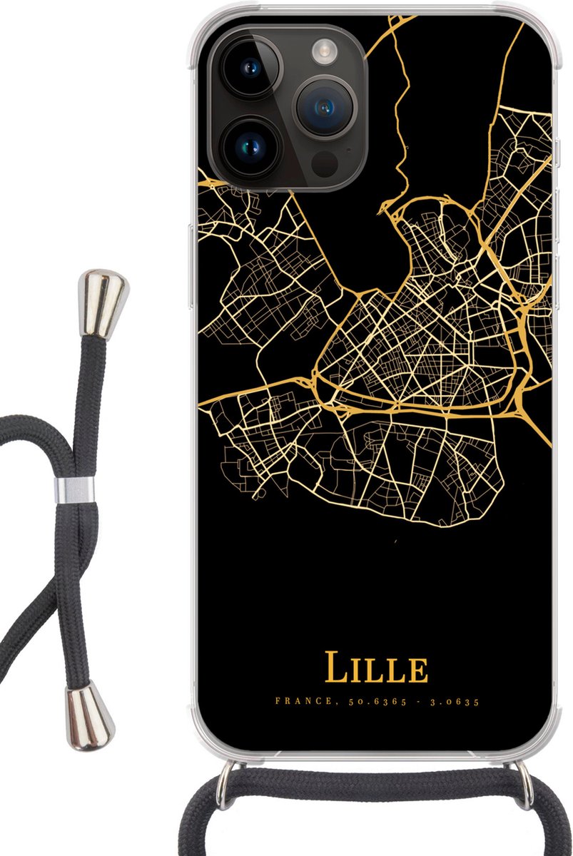 Telefoonkoord - Telefoonketting - Telefoonhoesje Geschikt voor Apple Iphone 14 Pro Max - Lille - Kaart - Goud - Siliconen - Crossbody - Telefoonhoesje met koord Telefoonhoesje