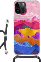 Geschikt voorApple Iphone 14 Pro Max - Crossbody Case - Pride - Bi - Marmer print - Siliconen - Crossbody - Backcover met Koord - Telefoonhoesje met koord - Hoesje met touw