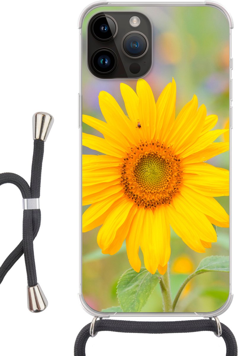 Telefoonhoesje Geschikt voor Apple Iphone 14 Pro Max - Bloemen - Zonnebloem - Geel - Siliconen - Crossbody - Backcover met Koord - Telefoonhoesje met koord - Hoesje met touw Telefoonhoesje