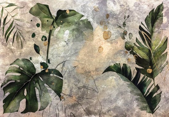Papier peint photo - Papier Peint Vinyl - Jungle Art sur Mur Béton - Feuilles - Plantes - 152,5 x 104 cm