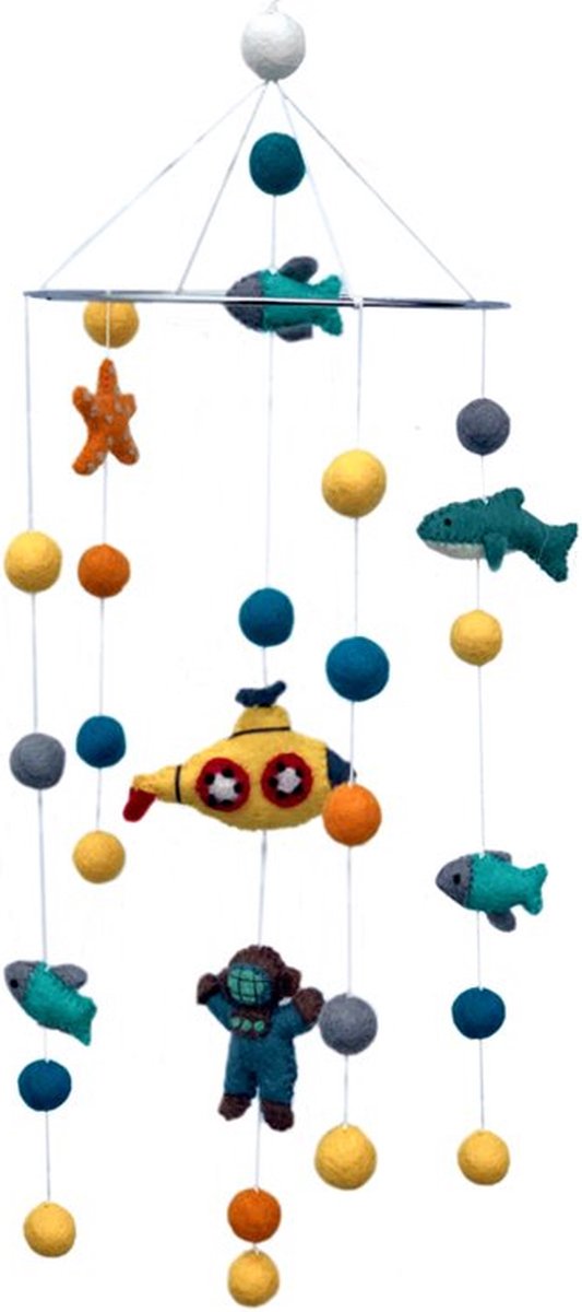Mobiel Onderzeeër/Duiker/Zeeleven - 21cm - Vilten Figuren - BeYoona - Fairtrade - Decoratie voor boven Bed, Box of als Babykamer Accessoire