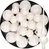 Kerstversiering kunststof kerstballen winter wit 6-8-10 cm pakket van 45x stuks - Met glazen mat piek van 26 cm