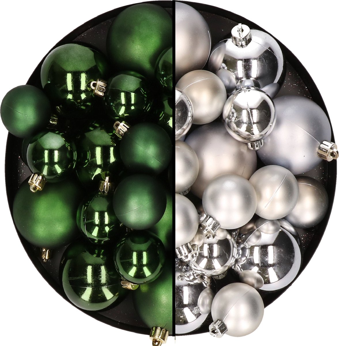 Kerstversiering kunststof kerstballen kleuren mix donkergroen/zilver 6-8-10 cm pakket van 44x stuks
