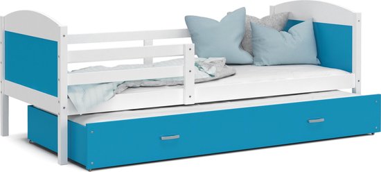 1 persoonsbed + logeerbed 190x80 cm - wit/blauw met bedhekken - met 2 | bol.com
