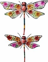Set van 2 grote metalen libelles gekleurd 29 x 47 cm / 27 x 33 cm tuin decoratie - Tuindecoratie libelles - Dierenbeelden hangdecoraties