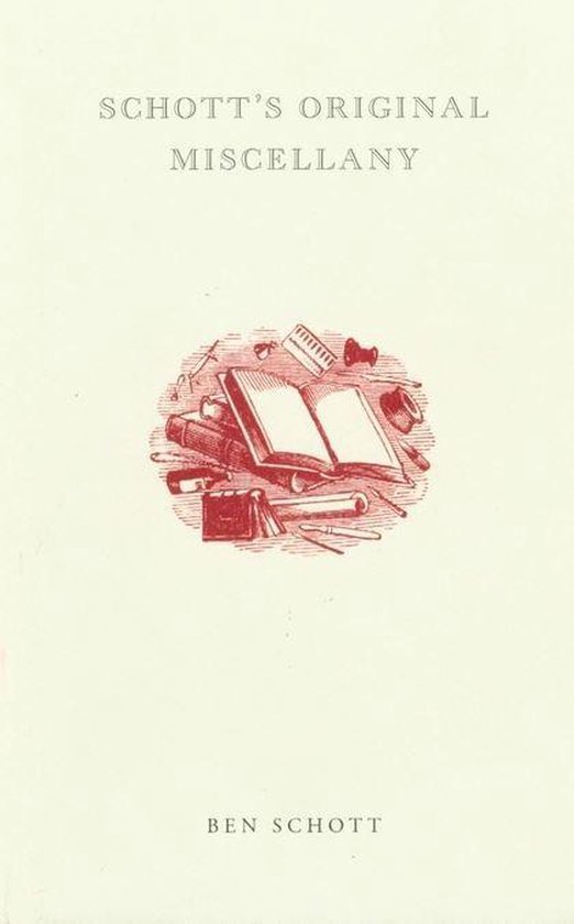 Couverture de livre 'Schott's Original Miscellany' en rouge avec illustration de livres et articles d'écriture.