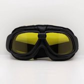 CRG retro, zwart leren motorbril - geel glas