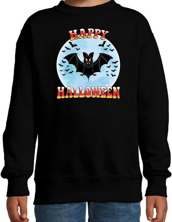 Halloween -  Happy Halloween vleermuis verkleed sweater zwart voor kinderen - horror vleermuis trui / kleding / kostuum M (134-140)