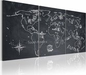 Schilderij - Wereldkaart - Globetrotter, Krijtbord Look, Zwart-Wit, 3luik , premium print op canvas