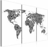 Schilderij - Wereldkaart - Alfabet, Zwart-Wit, 3luik , premium print op canvas